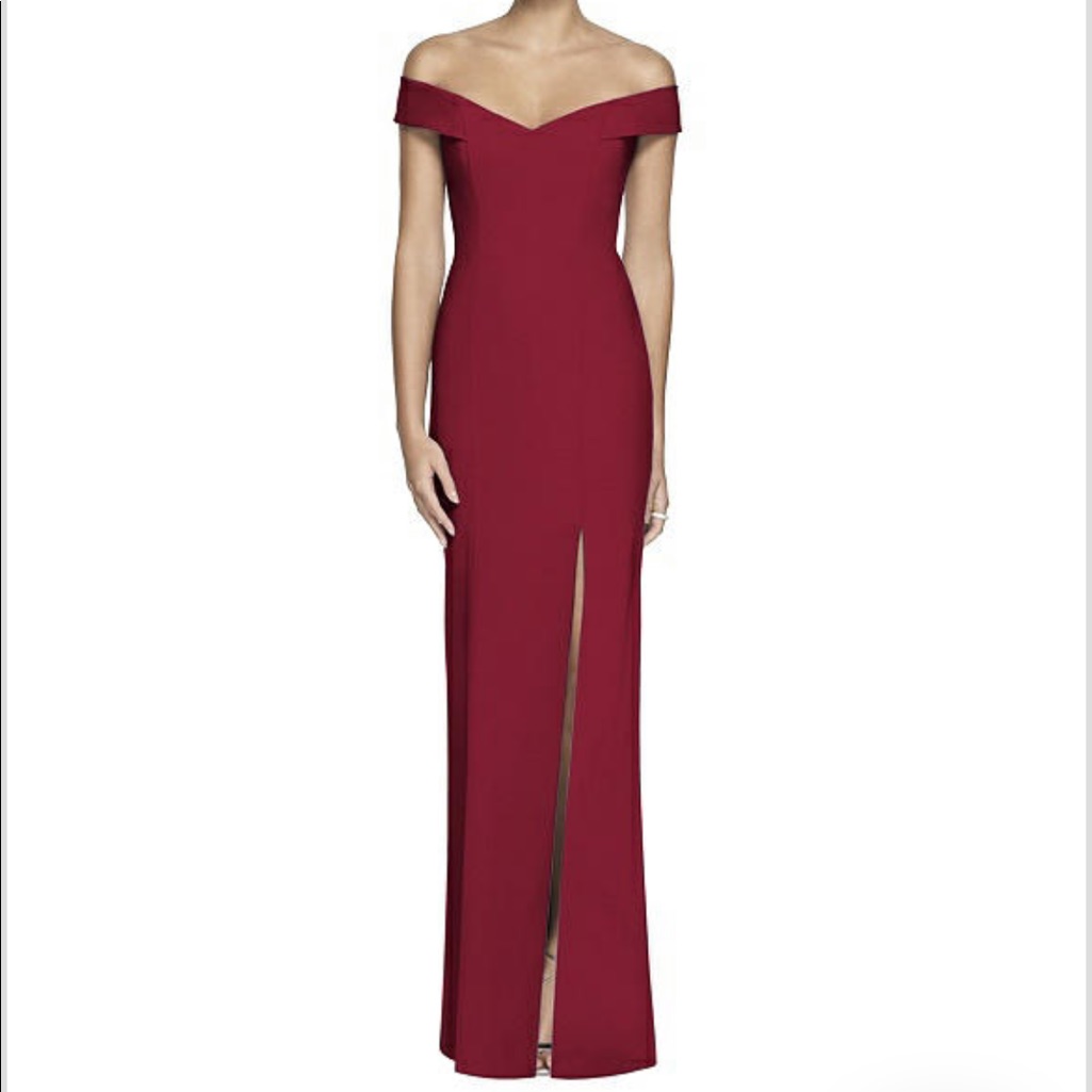 Dessy Burgundy Off The Shoulder Bridesmaid Dress